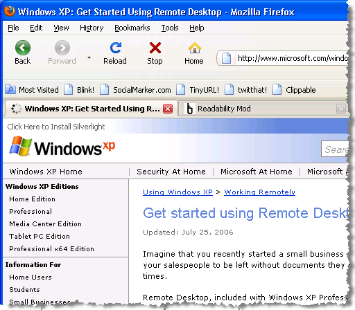 Example Microsoft webpage