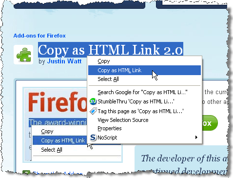 Selecting Copy as HTML Link option