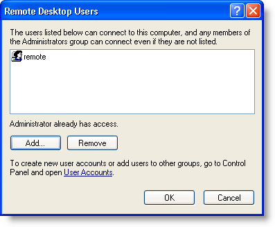 Remote Desktop Users dialog box with a user name