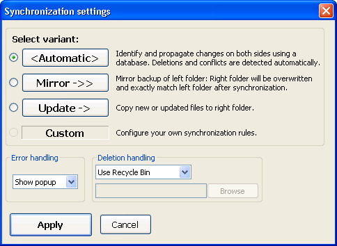 Synchronization settings dialog box