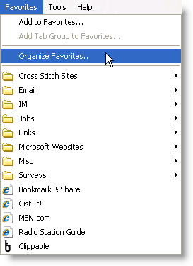 Selecting Organize Favorites from the Favorites menu