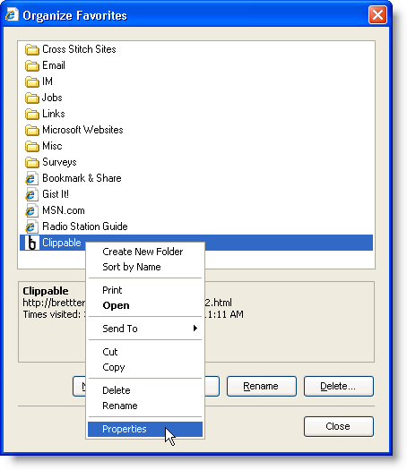 Organize Favorites dialog