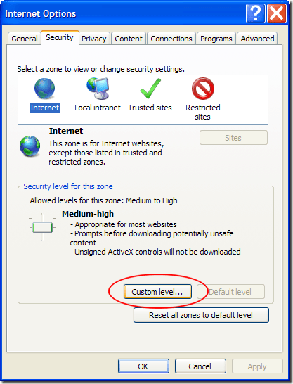 Custom Level IE7 and 8 Security Options