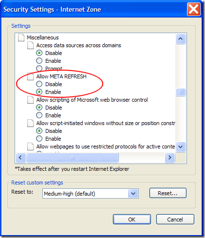Disable Meta Refresh in IE8