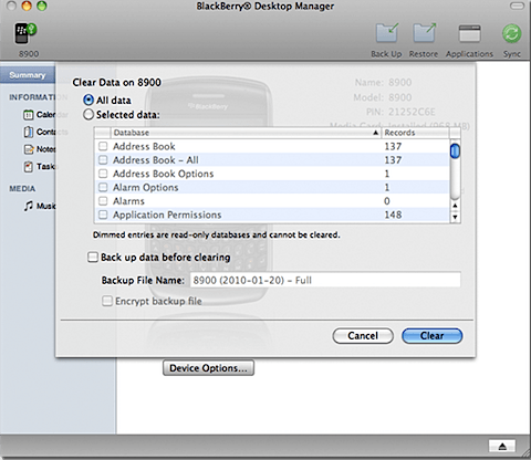 Blackberry Desktop Manager for Mac -- Clear
