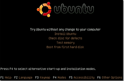 Ubuntu Linux Live CD main menu