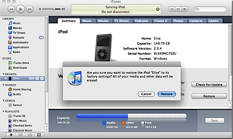 iPod restore via iTunes