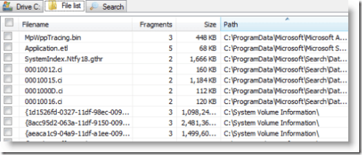 list of fragmented files