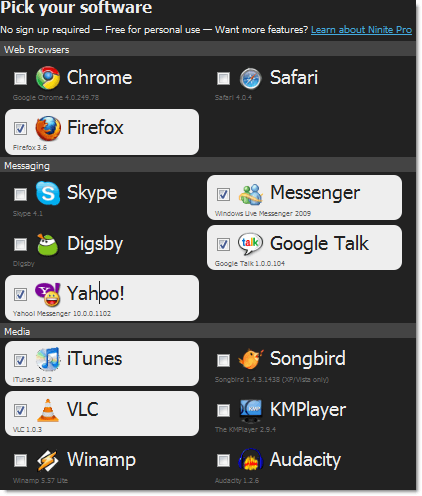 ninite automatic install select