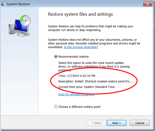 test - system restore