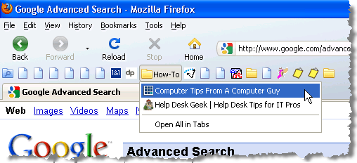 Opening a folder on the toolbar