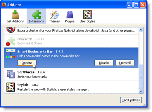 Accessing Options for the Smart Bookmarks Bar extension