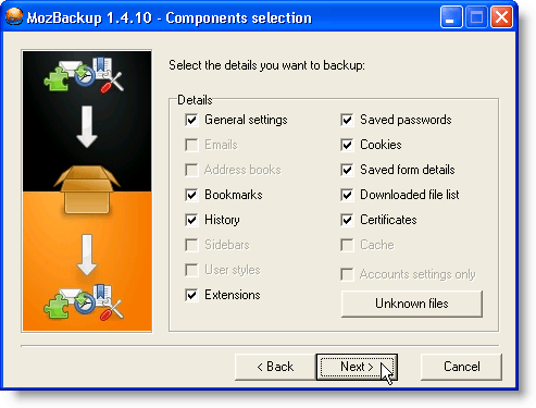 Components selection screen