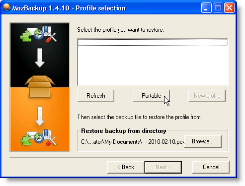 Profile selection screen for portable applications