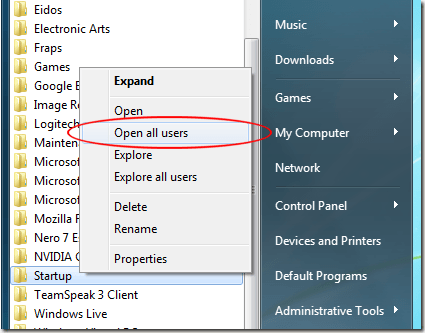 Click Open All Users on the Startup Folder