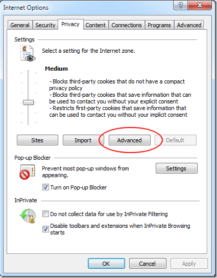 Click the Advanced Button on the Privacy Tab
