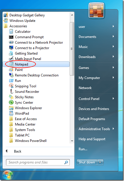 Open up Notepad in Windows 7