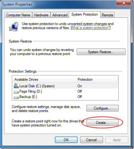 System Protection Tab