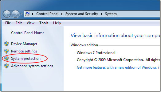 System Protection in My Computer Properties