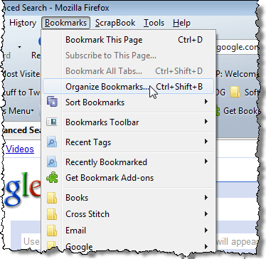 Selecting Organize Bookmarks from the Bookmarks menu