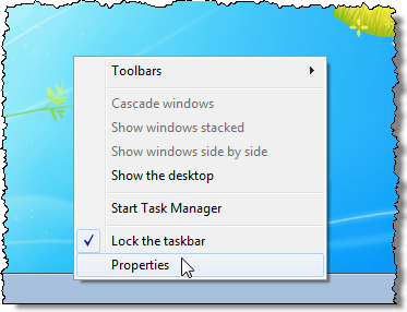 Selecting Properties of the Start Menu