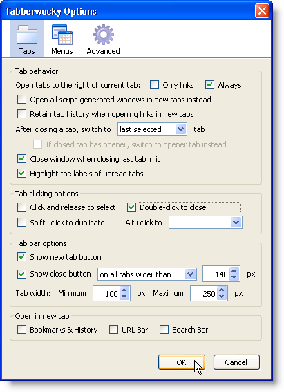 Tabs screen on the Options dialog box