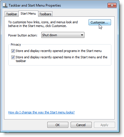 Taskbar and Start Menu Properties dialog box