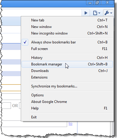 Opening the Bookmark Manager in Chrome