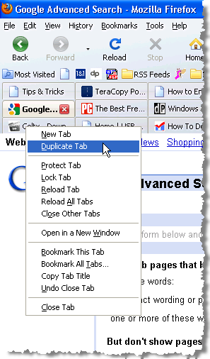 Pop-up menu for a tab in Firefox