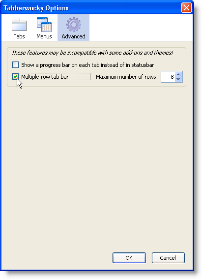 Advanced screen on the Options dialog box