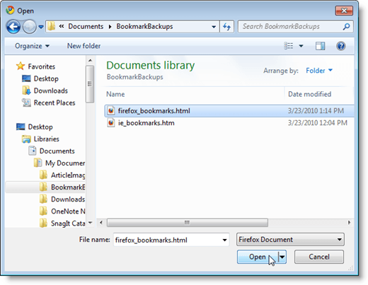 Selecting the Firefox bookmarks file