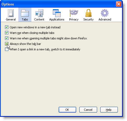 Tabs options in Firefox