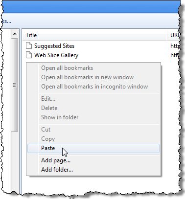 Pasting the Firefox Bookmarks toolbar items