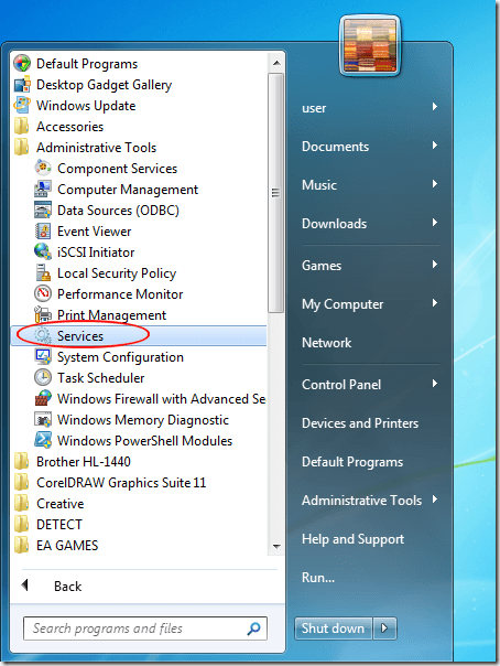 Click on Services on the Start Menu