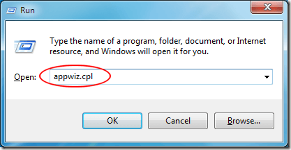 Type appwiz.cpl in the Run box