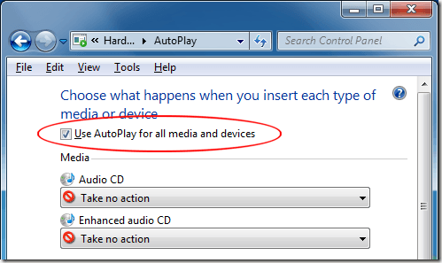 Uncheck Use AutoPlay For All Media and Devices