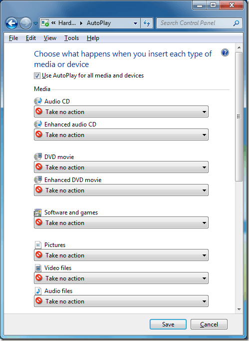 Windows 7 AutoPlay Settings