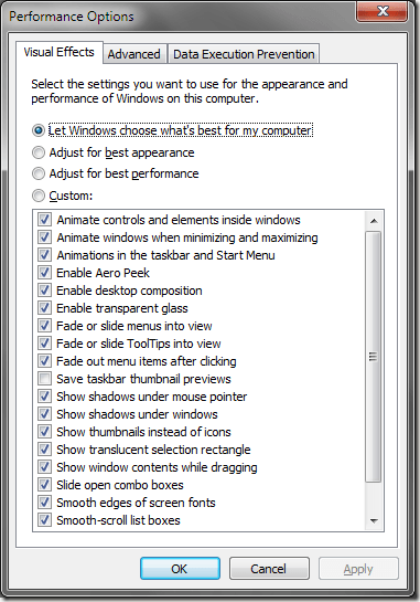 Windows 7 Visual Effects Options