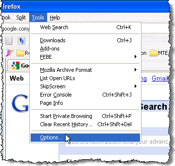 Selecting Options from the Tools menu in Firefox