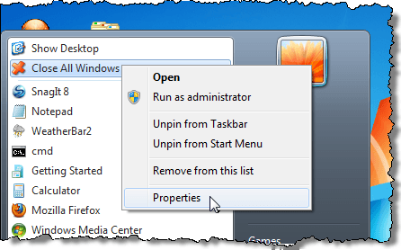 Getting properties of Close All Windows shortcut on Start menu