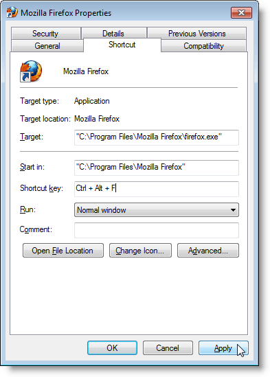 Shortcut key defined