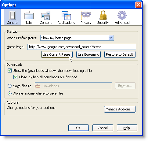 Use Current Pages button for setting up Home Page