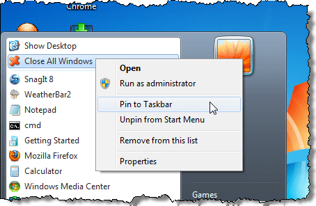 Pinning Close All Windows program to the Taskbar