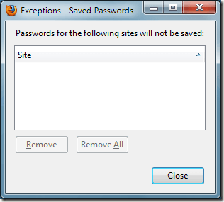 Firefox Remember Password Exceptions
