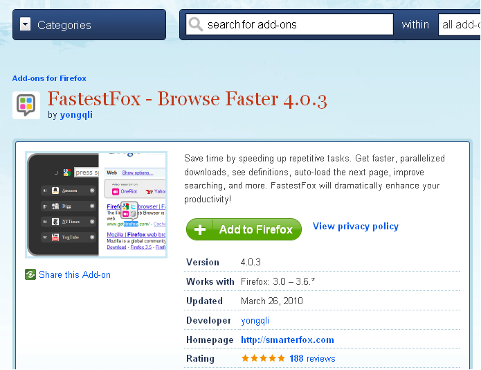 Mozilla FastestFox add to Firefox