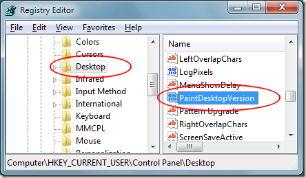 PaintDesktopVersion in the Registry Editor