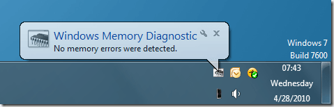 Results of Windows 7 Memory Diagnostic Tool
