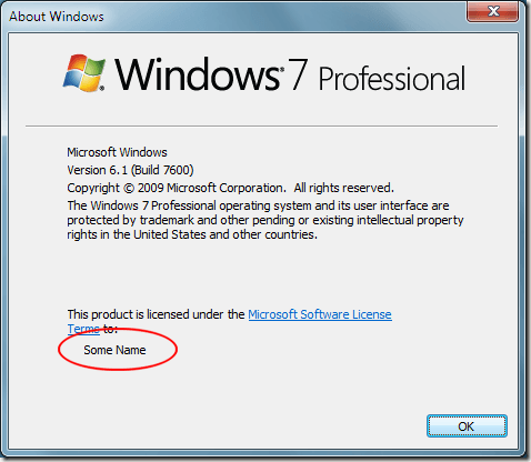The New Registered Name in Windows 7