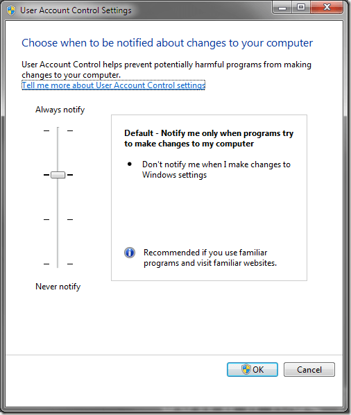 Windows 7 User Account Control (UAC) Settings