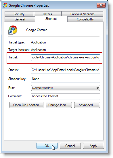 Editing a shortcut
